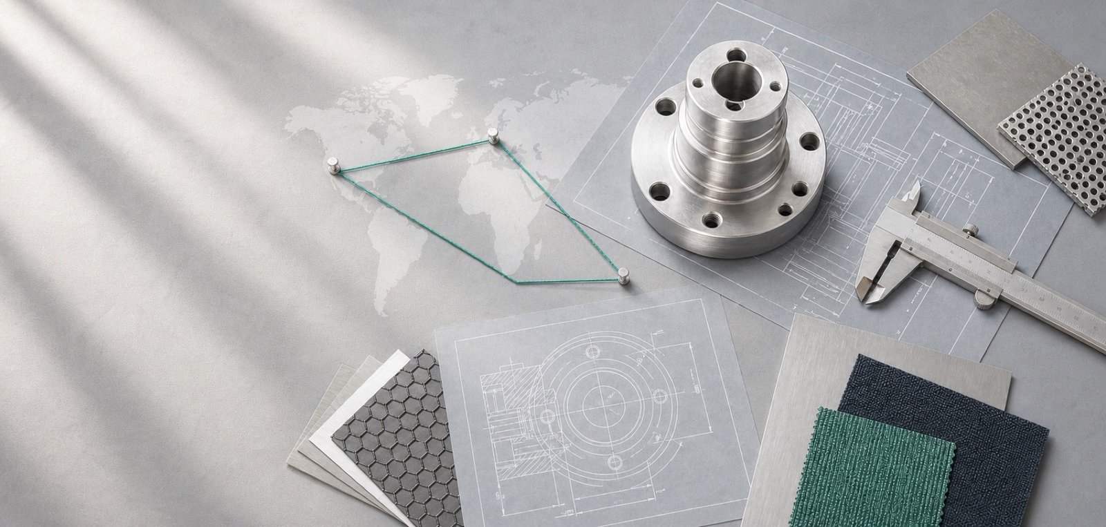 Engineering drawings, precision equipment, and international commercial routes arranged on a daylight technical worktable
