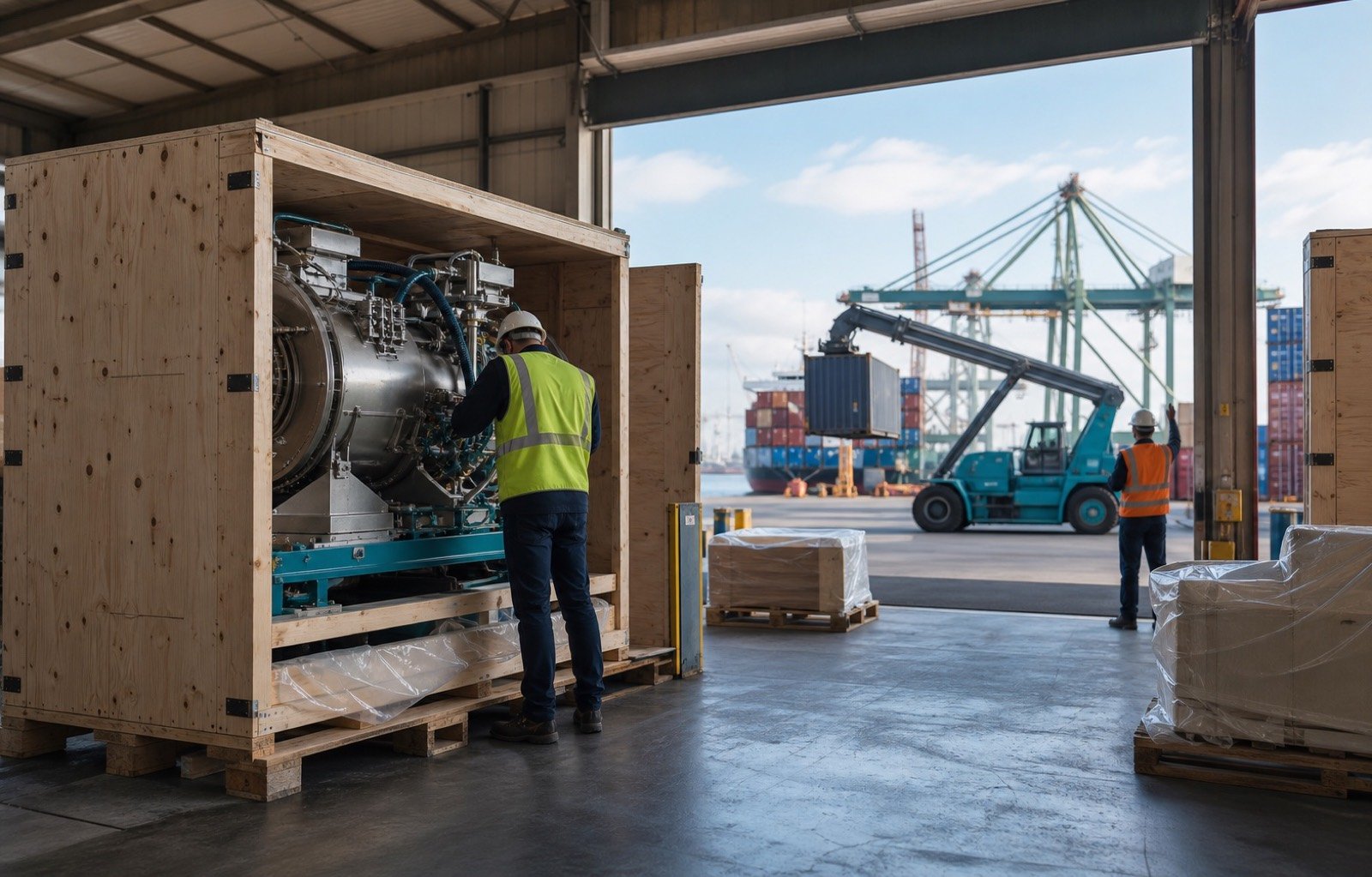 Specialized industrial machinery prepared for export inside a port warehouse