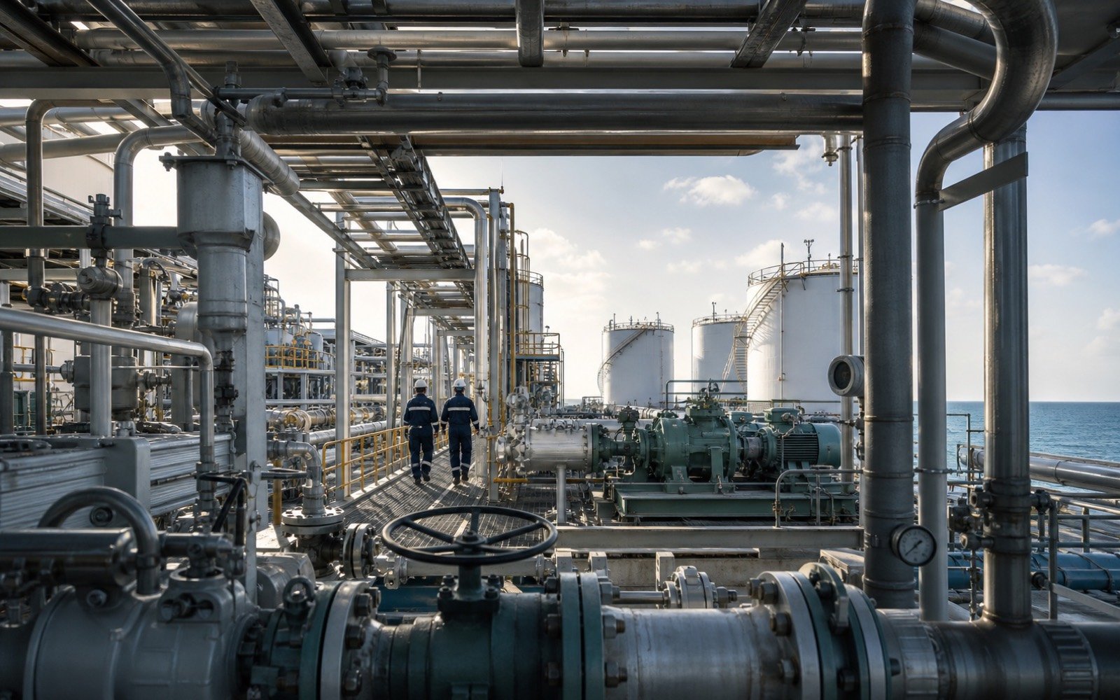 Coastal energy facility with process piping, pumps, valves, storage tanks, and field engineers
