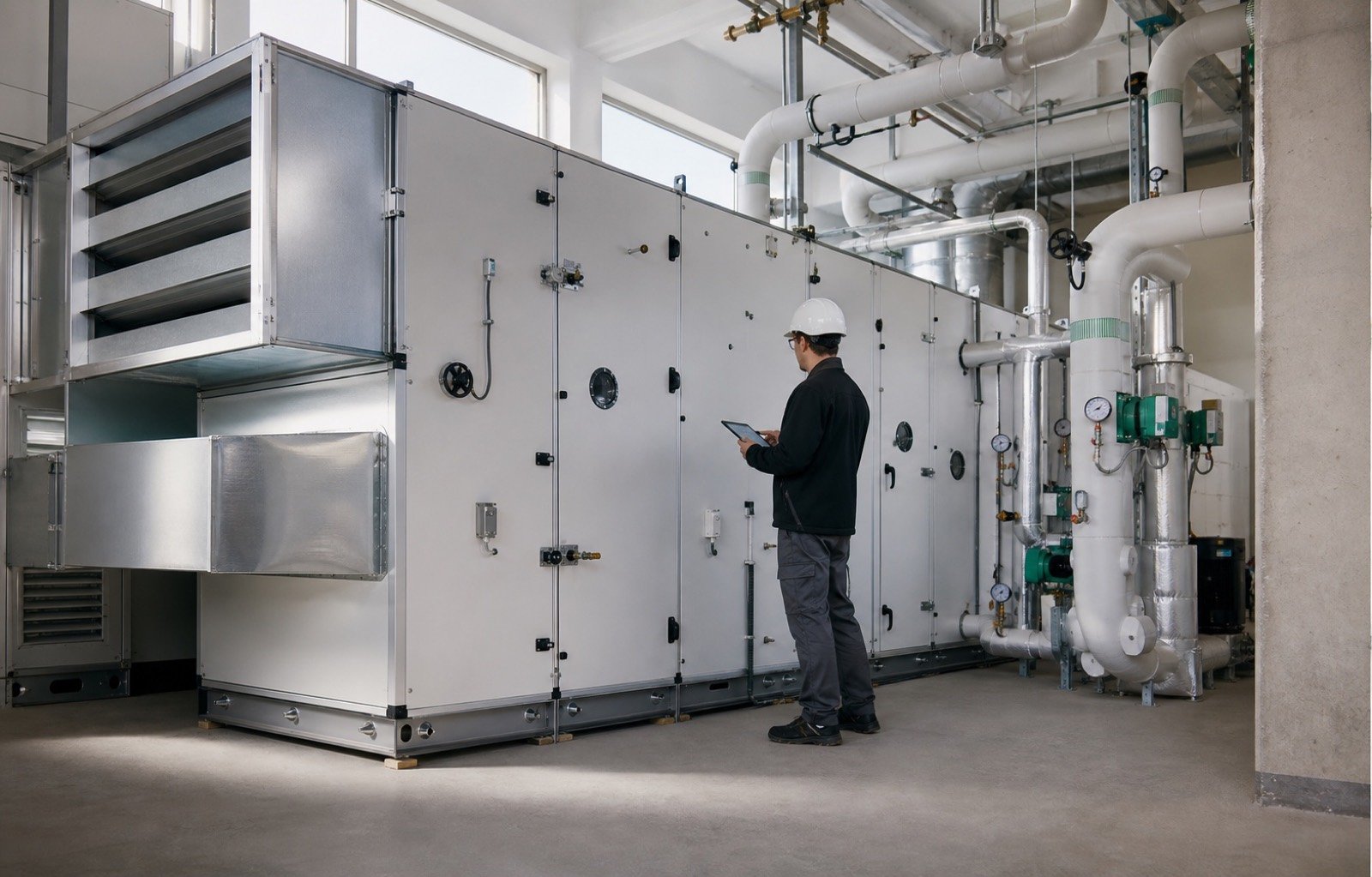 Commercial air-handling equipment being inspected in a bright mechanical plant room